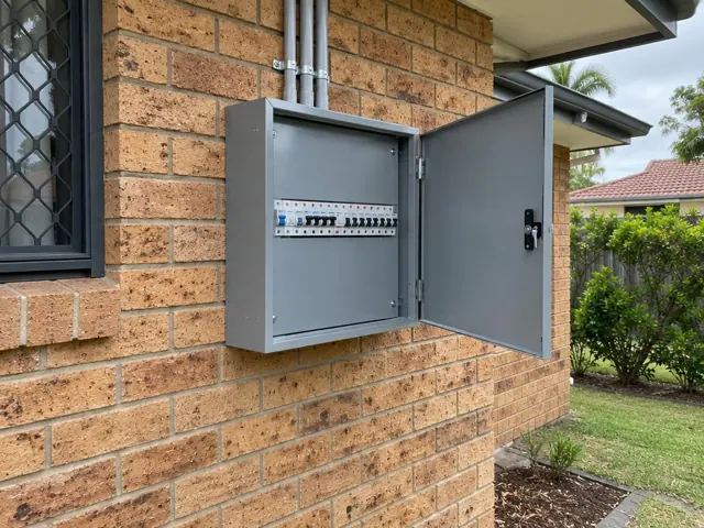 Outdoor switchboard on a brick house wall beside a window in Burleigh Waters